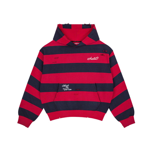 AASTU STRIPED NAVY HOODIE WASHED // RED